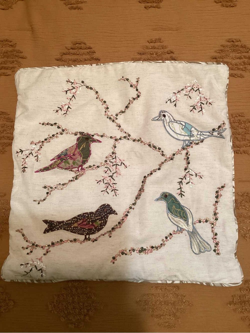 Anthology Embroidered Bird Throw Pillow Cover - Multi-Color on Cream 17”x17”